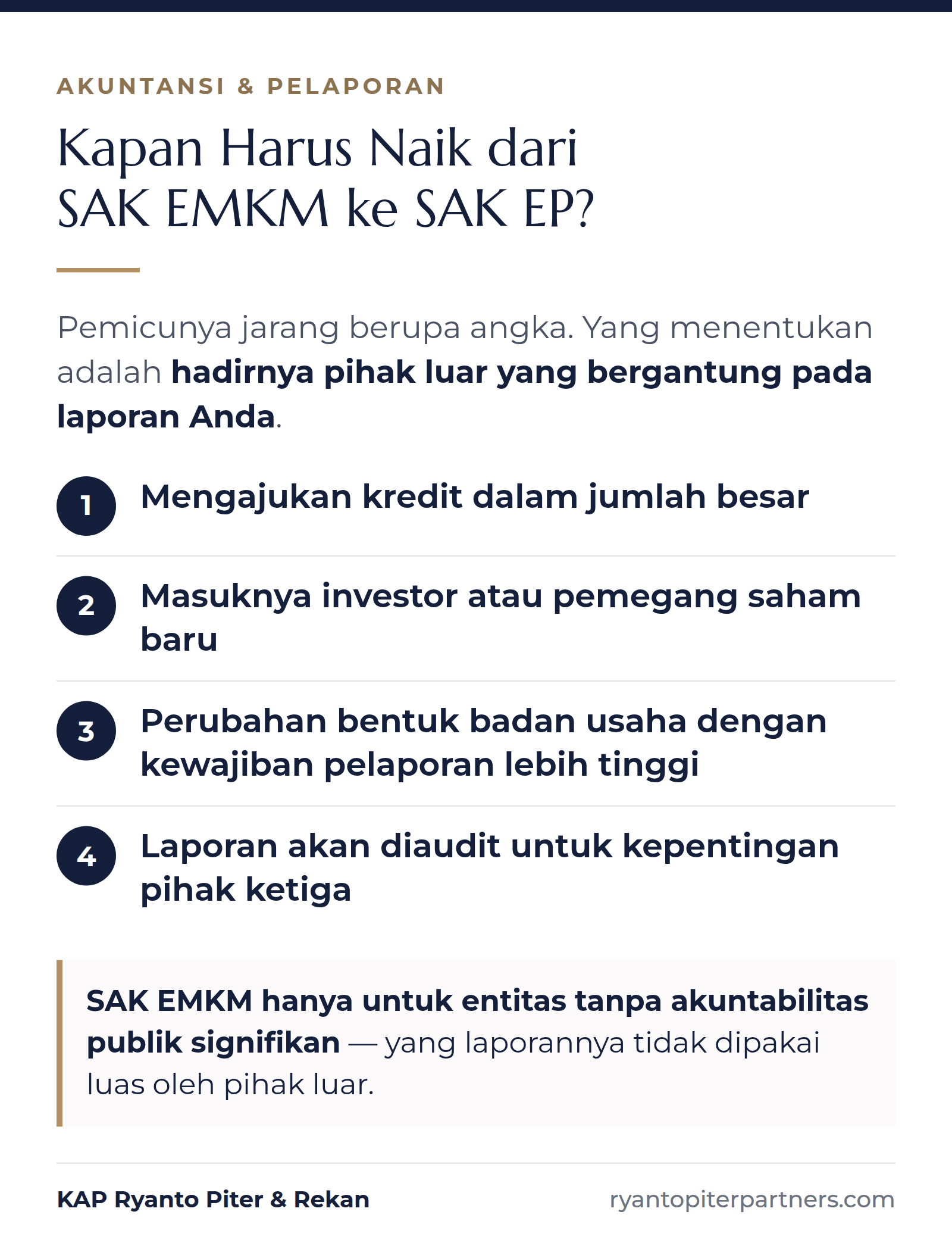 Infografik empat situasi yang menandai UMKM perlu beralih dari SAK EMKM ke SAK EP, seperti pengajuan kredit besar dan masuknya investor